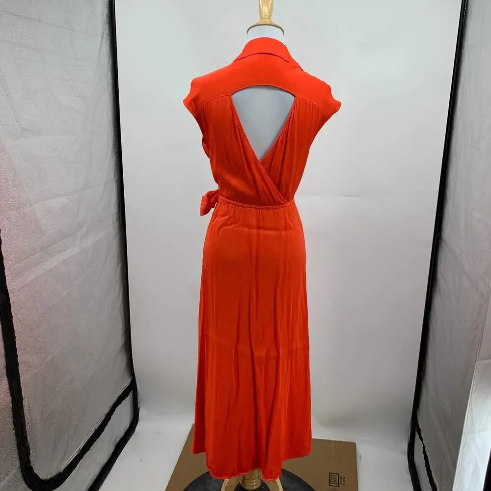Maeve Dress Womens XS Extra Small Coral Open Back Satin Faux Wrap Tie Waist Midi